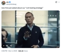 X user @stylishdawg tweeted, "new hire just asked about our “unit testing strategy”"