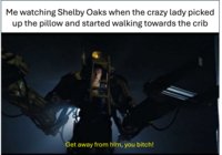 Me watching Shelby Oaks when the crazy lady picked up the pillow and started walking towards the crib Get away from him, you bitch!