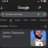 A fake "Google":https://knowyourmeme.com/memes/sites/google search results screenshot joking about the JD in "J.D. Vance":https://knowyourmeme.com/memes/people/jd-vance standing for "Jorkin Depeanis Vance."