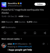 NewsWire NEWS WIRE Follow go @NewsWire_US Powerful 6.7 magnitude earthquake hits Alaska 15:49.06 Dec 25 448K Views 434 Reposts 266 Quotes 5,970 Likes 437 Bookmarks 27 Most relevant replies • Jalen @RipJalens 5h Replying to @NewsWire_US i hope people get help