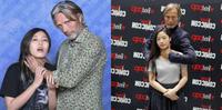 Two photos of Mads Mikkelsen mock-choking fans.
