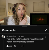 Comments @LunamPuer⚫ 1 yr ago This is like watching Bambi run unknowingly into an industrial food processor. 297 ☑