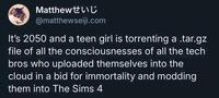 Matthewせいじ @matthewseiji.com It's 2050 and a teen girl is torrenting a .tar.gz file of all the consciousnesses of all the tech bros who uploaded themselves into the cloud in a bid for immortality and modding them into The Sims 4
