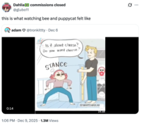 A "tweet":https://knowyourmeme.com/memes/sites/twitter-x about the animated I Have a Question / Is It About Cheese? "webcomic":https://knowyourmeme.com/memes/cultures/webcomics.