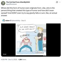 A "tweet":https://knowyourmeme.com/memes/sites/twitter-x about the animated I Have a Question / Is It About Cheese? "webcomic":https://knowyourmeme.com/memes/cultures/webcomics.