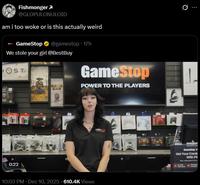 A tweet about Best Buy Riley. It reads, "am i too woke or is this actually weird," referring to GameStop poaching her for an ad.