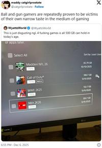 A tweet reading, "Ball and gun gamers are repeatedly proven to be victims of their own narrow taste in the medium of gaming." The tweet is in response to someone complaining about video game file sizes.
