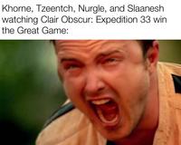 Khorne, Tzeentch, Nurgle, and Slaanesh watching Clair Obscur: Expedition 33 win the Great Game: