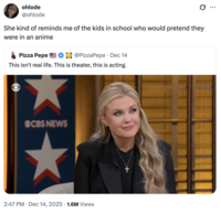 A "tweet":https://knowyourmeme.com/memes/sites/twitter-x about Erika Kirk, the widow of late right-wing political organizer "Charlie Kirk":https://knowyourmeme.com/memes/people/charlie-kirk, concerning her CBS Town Hall Interview in December 2025.