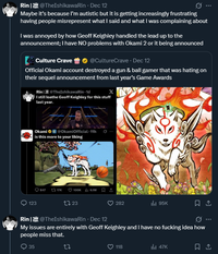 X/Twitter user @TheIshikawaRin responds after her post became the subject of mockery. She claims that she was misrepresented, stating that she has no problems with Okami 2 and was only annoyed at Geoff Keighley for how he handled the leadup to the game's announcement.