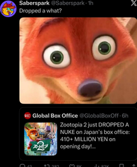 Saberspark @Saberspark 1h Dropped a what? Global Office Global Box Office @GlobalBoxOff 6h Zootopia 2 just DROPPED A ズートピア 12450M NUKE on Japan's box office: 410+ MILLION YEN on opening day!... ↑78382 QK 183K C