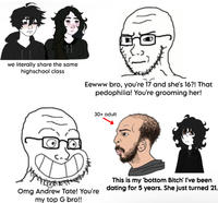 we literally share the same highschool class Eewww bro, you're 17 and she's 16?! That p---------! You're grooming her! 30+ adult This is my 'bottom Bitch' I've been Omg Andrew Tate! You're dating for 5 years. She just turned 21. my top & bro!!