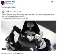 vplasma @vplasma_ This jit cracks legos ceno0 @ceno02 · Dec 11 i really like how some stopmotion stuff looks and i tried to animate this Echelle OC that belongs to DawnofNSSD. I managed to port it to blender and rig it 0:03 2:40 PM Dec 11, 2025 1M Views