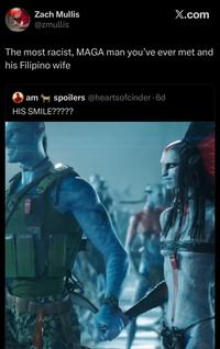 Zach Mullis @zmullis X.com The most racist, MAGA man you've ever met and his Filipino wife am spoilers @heartsofcinder. 6d HIS SMILE?????