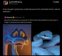AstralWingz @Zhane_Star X.com if you bought a poisonous snake because of an animated movie, natural selection Dexerto @Dexerto. 1d Gary from Zootopia is so popular in China that online platforms have seen a surge in venomous pit viper purchases