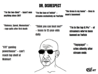"I'm the two-time!" -- hasn't won anything since 2017 DR. DISRESPECT "I'm the face of Twitch" -- streams exclusively on YouTube "The Arena is my home" -- lives in mom's basement "Violence, Speed, Momentum" - - rage quits after first death "6'8" gaming powerhouse" -- can't reach top shelf at Walmart "Think you can beat me?" -- loses to 12-year-olds daily "I'm in the top 0.1%" -- of streamers who've been banned on Twitch "Yayayaya!" -- cries silently after stream ends glif.app