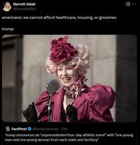 A meme comparing the Patriot Games to the Hunger Games. The meme compares Trump to Effie.
