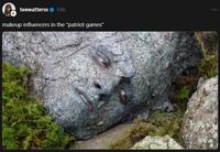A meme reading, "makeup influencers in the “patriot games." The meme uses an image of Peeta pretending to be a rock.
