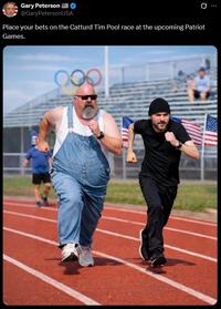 A post about the Patriot Games. It reads, "Place your bets on the Catturd Tim Pool race at the upcoming Patriot Games."
