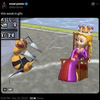 A meme mashing up the "Jester GIF":https://knowyourmeme.com/memes/jester-dancing-for-queen-gif and the Beedrill GIF.