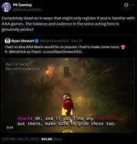 A tweet about AAA Mario. It reads, "Completely dead on in ways that might only register if you're familiar with AAA games. The balance and cadence in the voice acting here is genuinely perfect."