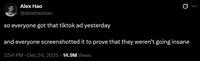 A tweet reading, "so everyone got that tiktok ad yesterday and everyone screenshotted it to prove that they weren’t going insane." The post refers to a swastika necklace sold briefly on TikTok Shop.