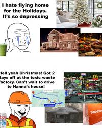 I hate flying home for the Holidays. It's so depressing Hell yeah Christmas! Got 2 days off at the toxic waste Factory. Can't wait to drive to Nanna's house! 11 hr 41 min S. LOUIS EXON Cincinnatio EXON Coor LIGHT TENNESSEE Memp ARKANSAS 11 hr 10 min KENTUCKY M SIFTS & SOUVER McDonald's shutterst POPEyes shutterst B C