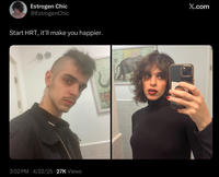 Estrogen Chic @EstrogenChic Start HRT, it'll make you happier. 3:02 PM 4/22/25 27K Views SAM 1621 X.com
