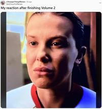 A meme using Eleven's face from Stranger Things 5. The meme reads, "My Reaction After Finishing Volume 2."