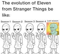 The evolution of Eleven from Stranger Things be like: Season 1 Season 2 Season 3 Season 4 Last season:
