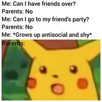 Me: Can I have friends over? Parents: No Me: Can I go to my friend's party? Parents: No Me: *Grows up antisocial and shy* Parents: