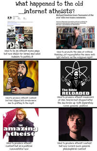 What happened to the old internet atheists? atheistrepubIIC Atheist Republic 18.4K posts 131K followers 328 following Nonprofit organization A global community ty defending liberty by challenging the ideas that threaten it Vancouver, British Columbia www.skool.com/ibertypolitics/about atheistrepublic Richard Dawkins loses 'humanist of the year' title over trans comments American Humanist Association criticises academic for comments about identity using 'the guise of scientific discourse', and withdraws its 1996 honour IF YOU ALLOW THIS YOU WILL GET THIS Used to be an atheist meme page but now shills for Israel and uses Judaism to justify it Used to promote the idea of critical thinking yet regurgitates the same anti lgbt rhetoric as the religious right? Used to produce atheist content but has slipped into irrelevance due to grifting to the right The Bible RELOADED Used to produce atheist readovers of chic tracks but stopped after the duo broke up. Both separately cover general politics THE amazing atheist Used to produce atheist content but is a political Commentator now Used to produce atheist content but now covers more general philosophical content