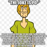 "THE JOKE IS PO-" LIKE CRY ME A F------ RIVER, MAN. YOU SAW A MEME THAT MENTIONED SEX. BOOHOO.HOW ABOUT YOU LIKE, GROW UP AND ACCEPT THE FACT THAT SOMETIMES HUMANS (NAMELY ADULTS) WILL MAKE A JOKE ABOUT SEX FROM TIME TO TIME. LIKE ALSO, A MEME CAN BE ABOUT P--- AND STILL BE A MEME LIKE IFIT BOTHERS YOU, I'M SORRY, MAN; BUT COMMENTING THESE CORNY REACTION IMAGES ISN'T HELPING ANYTHING. PEOPLE (EXCEPT FOR LIKE YOUNG TEENAGE BOYS) JUST FIND YOU ANNOYING,