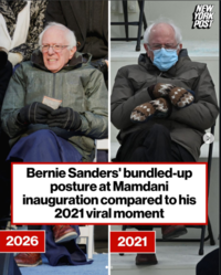Bernie Sanders' bundled-up posture at Mamdani inauguration compared to his 2021 viral moment 2026 2021 NEW YORK POST