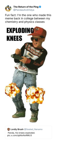 The Return of the Ping @PandasAndVidya Fun fact: I'm the one who made this meme back in college between my chemistry and physics classes EXPLODING KNEES Intend CHANP Lordly Brush @Seated_Nanamo Panda, his knees exploded. pic.x.com/qbNxNxRMU3