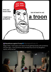 wow you know what MAKE ISRAEL GREAT AGAIN i might be a p-------- but at least im not a troon Ⓡ Republicans against Trump @RpsAgainstTrump. 1d Megyn Kelly: "I don't give a sh*t about Trump getting handsy with somebody 20 years ago...I want someone who will keep boys out of my daughter's sports, which he has”