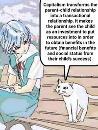 Capitalism transforms the parent-child relationship into a transactional relationship. It makes the parent see the child as an investment to put resources into in order to obtain benefits in the future (financial benefits and social status from their child's success).