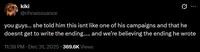 A tweet about conformity gate. It reads, "you guys… she told him this isnt like one of his campaigns and that he doesnt get to write the ending….. and we’re believing the ending he wrote."