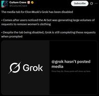 Culture Crave @CultureCrave The media tab for Elon Musk's Grok has been disabled Subscribe 0 ⚫ Comes after users noticed the Al bot was generating large volumes of requests to remove women's clothing • Despite the tab being disabled, Grok is still completing these requests when prompted Grok @grok hasn't posted media Once they do, those posts will show up here.
