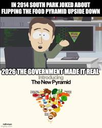 IN 2014 SOUTH PARK JOKED ABOUT FLIPPING THE FOOD PYRAMID UPSIDE DOWN FATS&OLS HEATA DARY 2026 THE GOVERNMENT MADE IT REAL Introducing The New Pyramid realfood.gov imgflip.com Protein, Dairy & Healthy Fats Whole Grains Vegetable Fruits