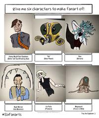 give me six characters to make fanart of! XXX 粥 Jimmy Mcgill/Saul Goodman (Better Call Saul/Breaking Bad) "Ike" (Alien Planet) Slan (Berserk) Nigel Marven (Sea Monsters) #SixFanarts Lio Fotia (Promare) template by @mcapriglioneart Megasquid (Future is Wild) Trey the Explainer ;)