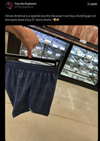 Trey the Explainer @Trey_Explainer X.com I know America is a special country because I can buy a f------ gun at the same store I buy 5" short shorts RUGER