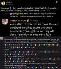 Screenshots of DMs in the You vs. Homer Discord, allegedly. In these screens, mods downplay grooming.