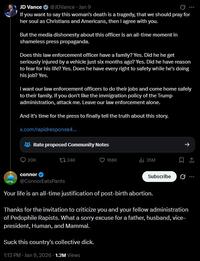 A tweet by ConnorEatsPants to J.D. Vance. The tweet reads, "Your life is an all-time justification of post-birth abortion. Thanks for the invitation to criticize you and your fellow administration of p---phile r---sts. What a sorry excuse for a father, husband, vice-president, Human, and Mammal. Suck this country's collective d---."