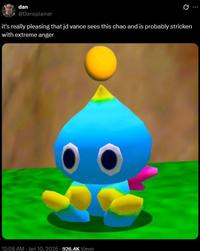 A tweet about ConnorEatsPants ratioing J.D. Vance. The tweet shares a Chao image and reads, "it's really pleasing that jd vance sees this chao and is probably stricken with extreme anger."