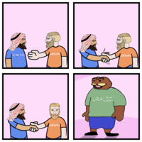 Not a fan of StoneToss, but he does have occasional based/semi-based takes and a half dozen or so comics that make for worthwhile meme templates. I present this wholesome meme combatting racism via the power of friendship. Feel free to use this exploitable meme template. In this variant, the Ary@n is the man in the red shirt initiating a handshake while the Semite is the handshake recipient in the blue shirt. A second version reverses the roles between the Semite and Ary@n. [I paired Nordchad with Arabchad and Medchad with Jewchad because I feel that Arabchad looks too much like OG Medchad, but they can be freely swapped.] Between the two templates there are eight permutations (depending on the roles assumed by the Ary@n and Semite and which one of four Ary@n-Semitic juxtapositions), but for every novel Ary@n Chad head inserted there are an additional four permutations. Possibilities are virtually endless! ARY@N-SEMITIC UNITY! ...but... Who is THAT?