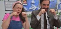 A reaction image. The image shows Zohran Mamdani and Ms. Rachel pretending to cry while singing "Wheels on the Bus."