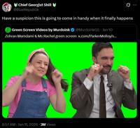 A tweet reading, "Have a suspicion this is going to come in handy when it finally happens." It shares a video of Zohran Mamdani and Ms. Rachel pretending to cry while singing "Wheels on the Bus." The "it" in question is not elaborated on, but likely refers to the u.s. president's death.