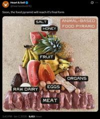 Heart & Soil @heartandsoilHQ Soon, the food pyramid will reach it's final form Q SALT ANIMAL-BASED FOOD PYRAMID HONEY FRUIT ORGANS EGGS RAW DAIRY MEAT 3:43 PM Jan 7, 2026 9,153 Views