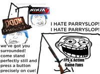 A version of the "i hate the antichrist":https://knowyourmeme.com/memes/i-hate-the-antichrist meme. The meme is about hating parrying in video games.